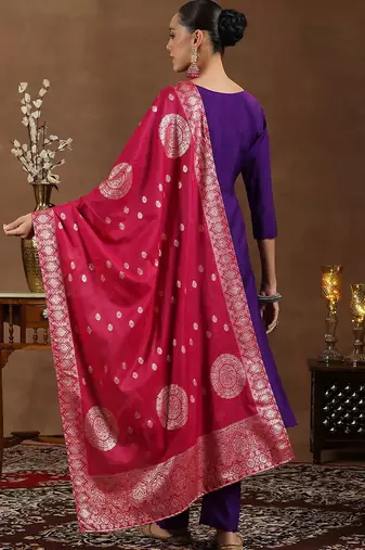floral yoke design sequinned straight kurta with trouser & dupatta