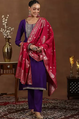 floral yoke design sequinned straight kurta with trouser & dupatta