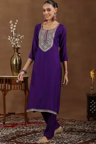 floral yoke design sequinned straight kurta with trouser & dupatta