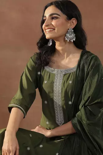 olive green floral embroidered sequinned straight kurta with trousers & dupatta