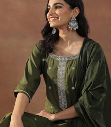 olive green floral embroidered sequinned straight kurta with trousers & dupatta