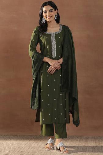 olive green floral embroidered sequinned straight kurta with trousers & dupatta