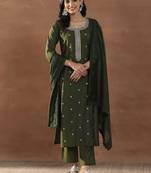 olive green floral embroidered sequinned straight kurta with trousers & dupatta