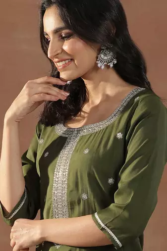 olive green floral embroidered sequinned straight kurta with trousers & dupatta