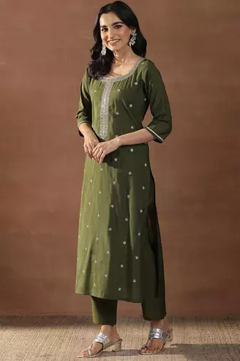 olive green floral embroidered sequinned straight kurta with trousers & dupatta