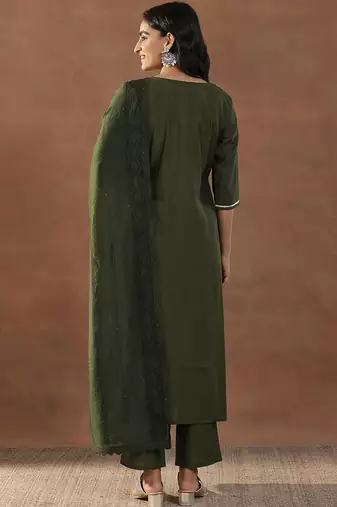 olive green floral embroidered sequinned straight kurta with trousers & dupatta