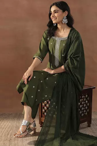 olive green floral embroidered sequinned straight kurta with trousers & dupatta