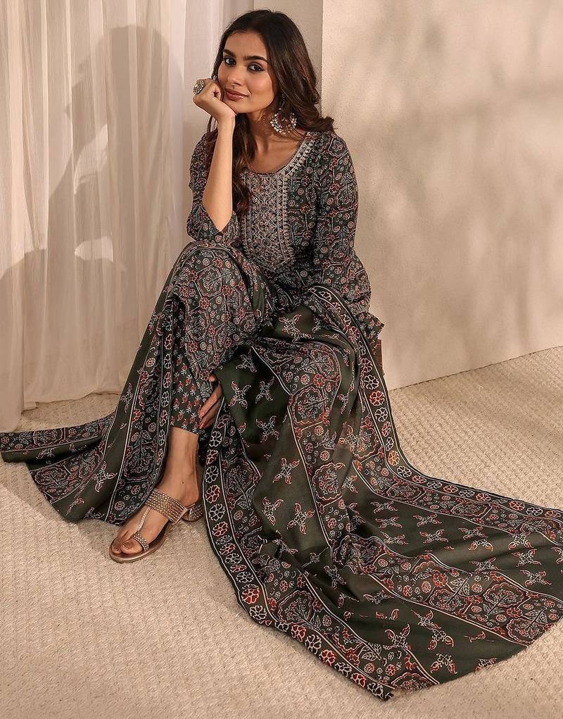 libas green ajrak printed straight suit set with dupatta
