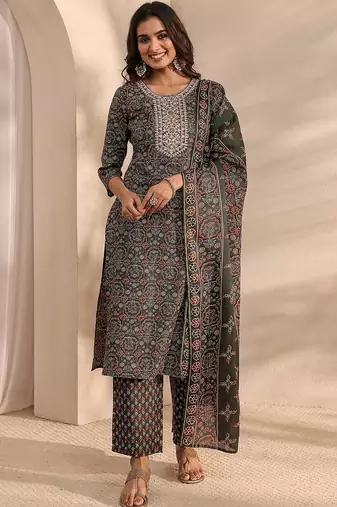 libas green ajrak printed straight suit set with dupatta
