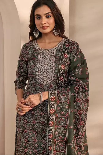 libas green ajrak printed straight suit set with dupatta