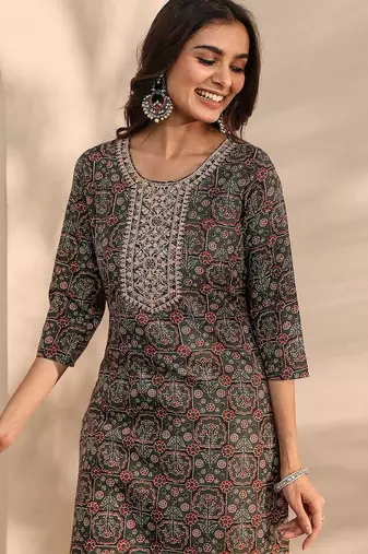 libas green ajrak printed straight suit set with dupatta