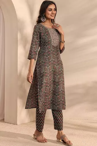 libas green ajrak printed straight suit set with dupatta