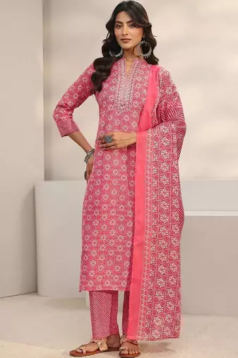 women ethnic motifs printed regular thread work kurta with trousers & with dupatta