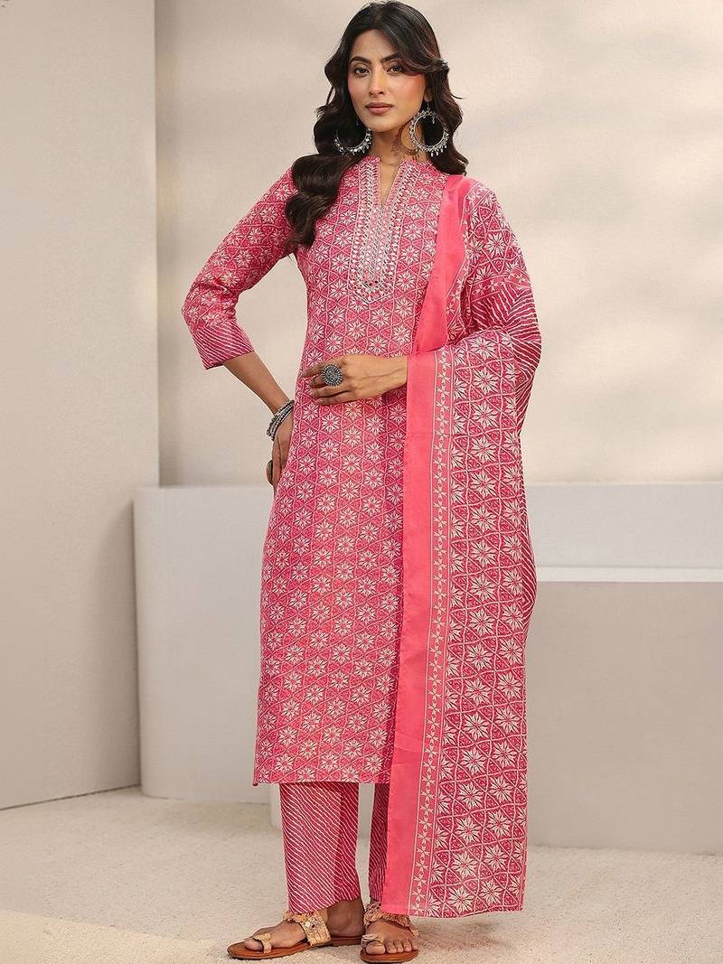 women ethnic motifs printed regular thread work kurta with trousers & with dupatta
