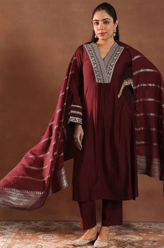 women ethnic motifs embroidered a-line kurta with trousers & dupatta