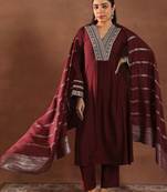 women ethnic motifs embroidered a-line kurta with trousers & dupatta