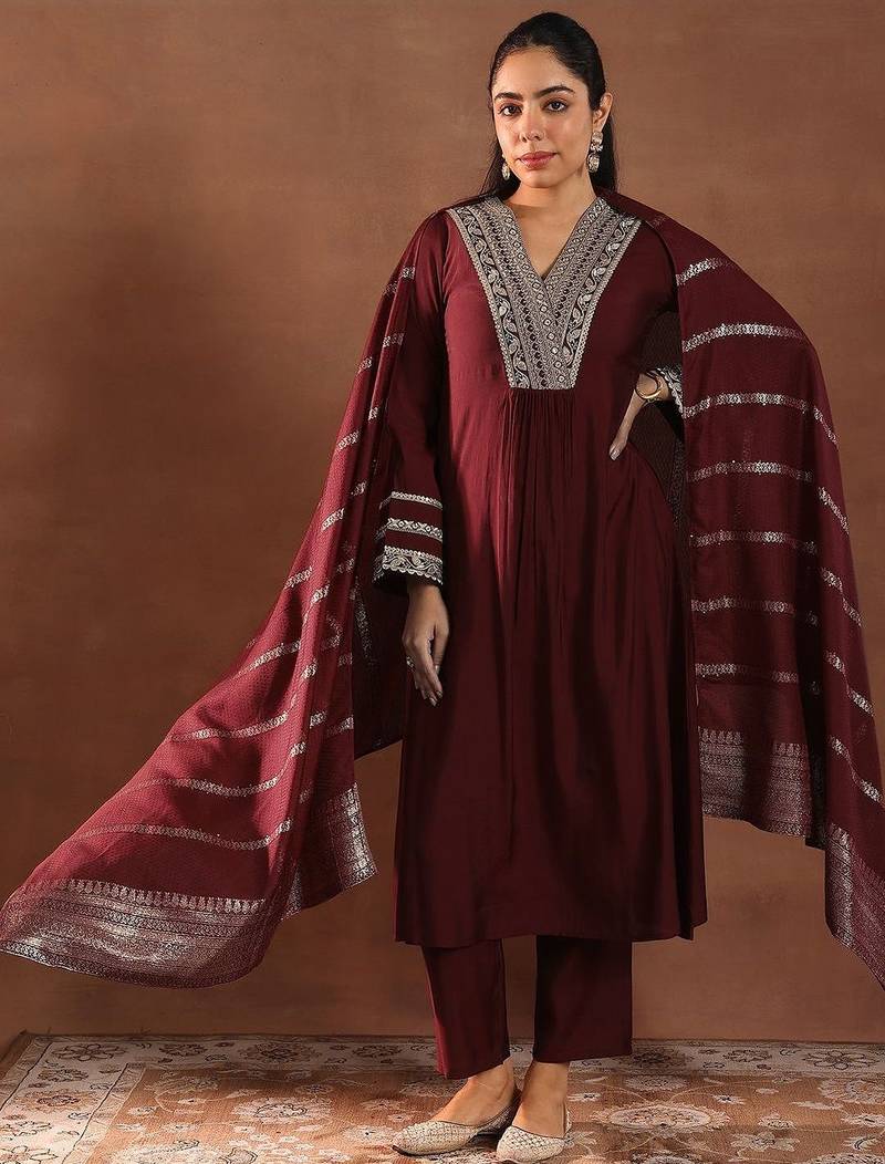 women ethnic motifs embroidered a-line kurta with trousers & dupatta