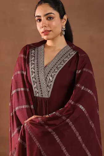 women ethnic motifs embroidered a-line kurta with trousers & dupatta