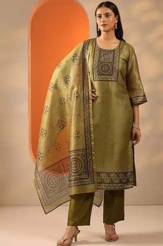 floral yoke design thread work straight kurta with trouser and dupatta