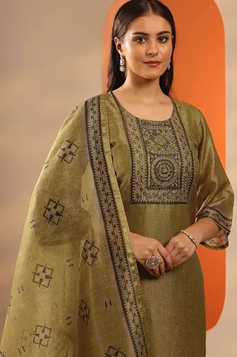 floral yoke design thread work straight kurta with trouser and dupatta