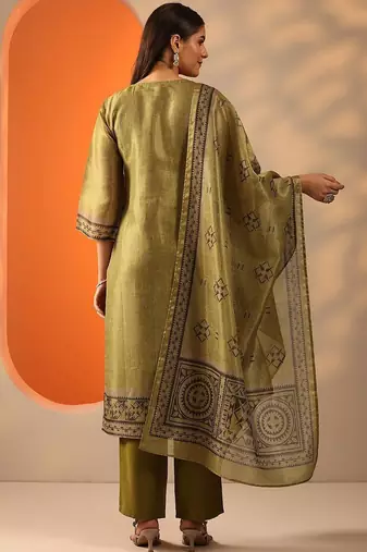 floral yoke design thread work straight kurta with trouser and dupatta