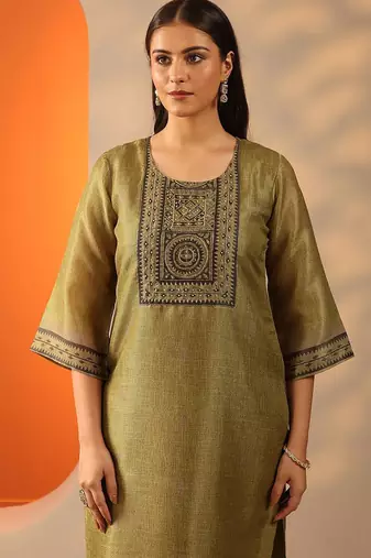 floral yoke design thread work straight kurta with trouser and dupatta