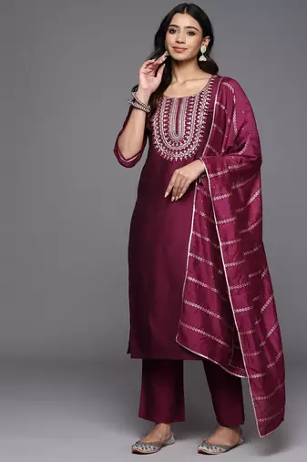 floral yoke design straight sequinned kurta with trousers & dupatta