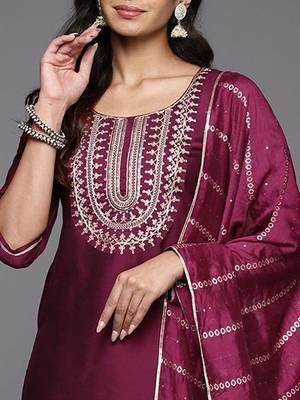 floral yoke design straight sequinned kurta with trousers & dupatta 2