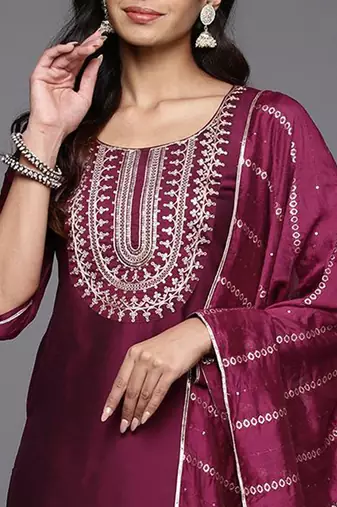 floral yoke design straight sequinned kurta with trousers & dupatta