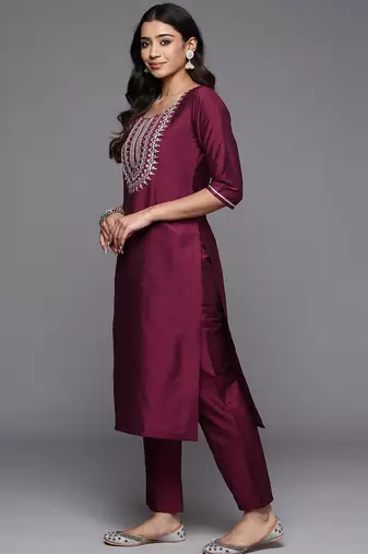 floral yoke design straight sequinned kurta with trousers & dupatta