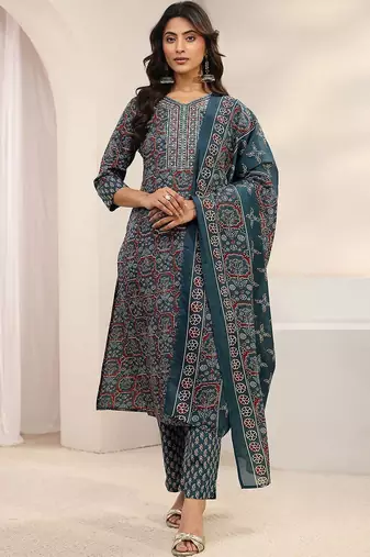 women ethnic motifs printed regular thread work kurta with trousers & with dupatta