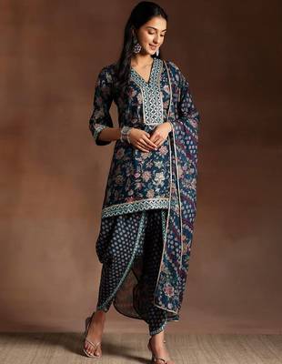 floral printed regular sequinned kurti with dhoti pant & dupatta 1