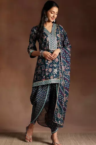 floral printed regular sequinned kurti with dhoti pant & dupatta