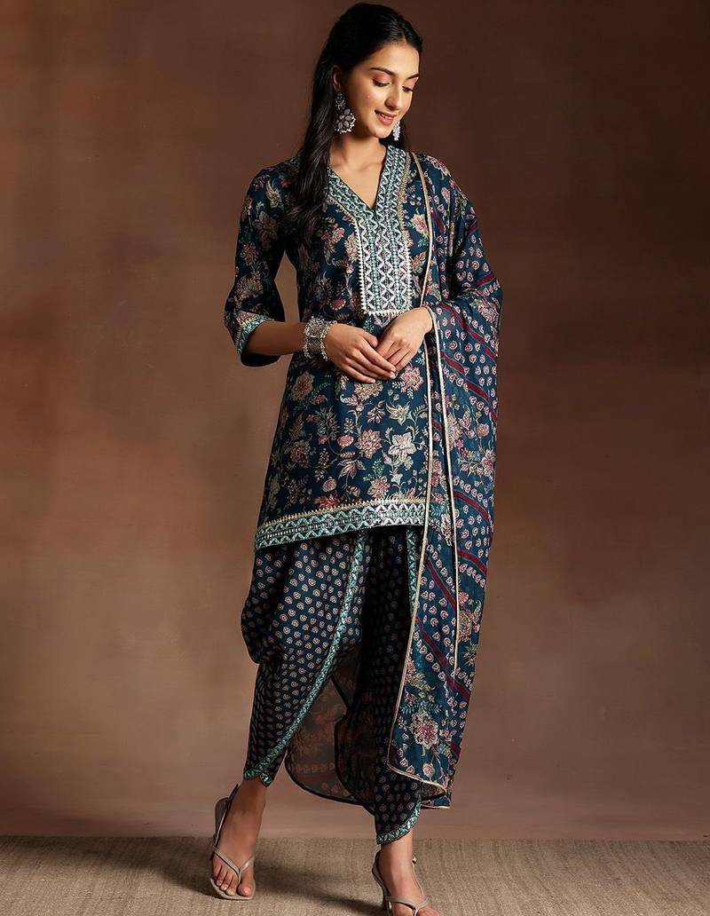 floral printed regular sequinned kurti with dhoti pant & dupatta