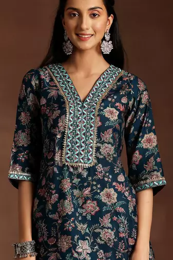 floral printed regular sequinned kurti with dhoti pant & dupatta