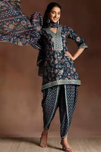 floral printed regular sequinned kurti with dhoti pant & dupatta