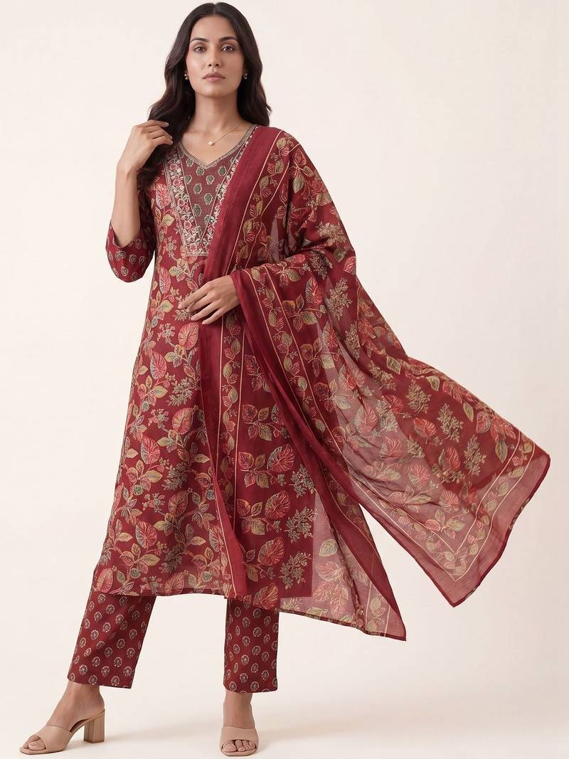 women floral printed regular thread work kurta with trousers & with dupatta