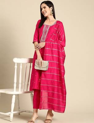 women floral yoke design kurta with trousers & dupatta 1