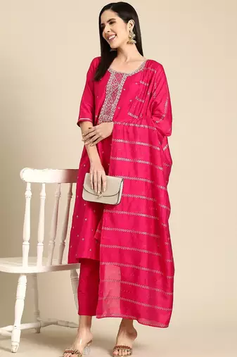 women floral yoke design kurta with trousers & dupatta