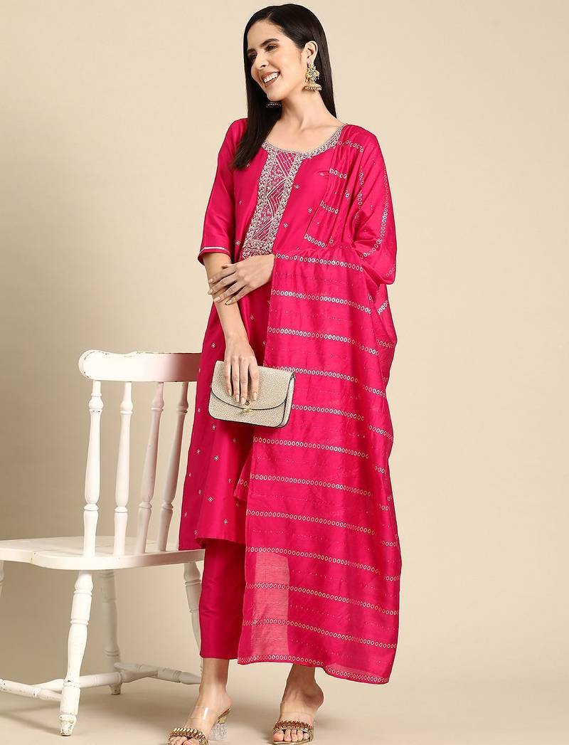 women floral yoke design kurta with trousers & dupatta