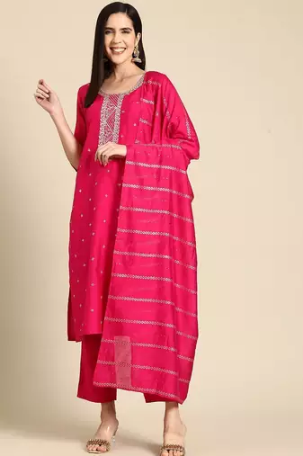 women floral yoke design kurta with trousers & dupatta
