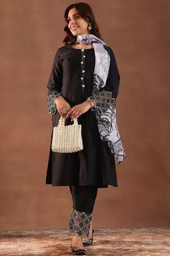 round neck panelled beads work straight kurta with trousers & dupatta