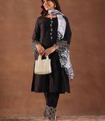 round neck panelled beads work straight kurta with trousers & dupatta
