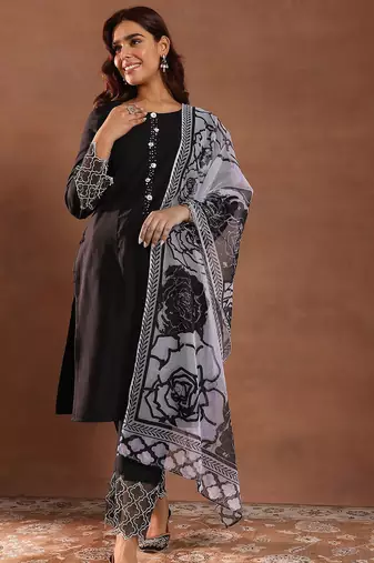 round neck panelled beads work straight kurta with trousers & dupatta