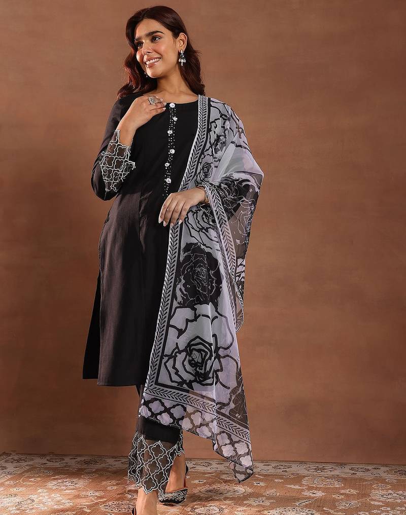 round neck panelled beads work straight kurta with trousers & dupatta