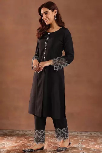 round neck panelled beads work straight kurta with trousers & dupatta