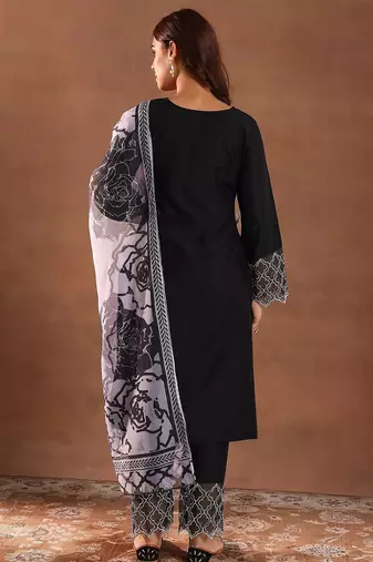 round neck panelled beads work straight kurta with trousers & dupatta