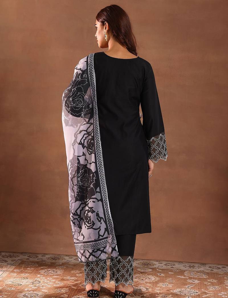 round neck panelled beads work straight kurta with trousers & dupatta