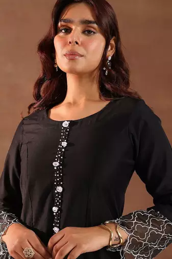 round neck panelled beads work straight kurta with trousers & dupatta