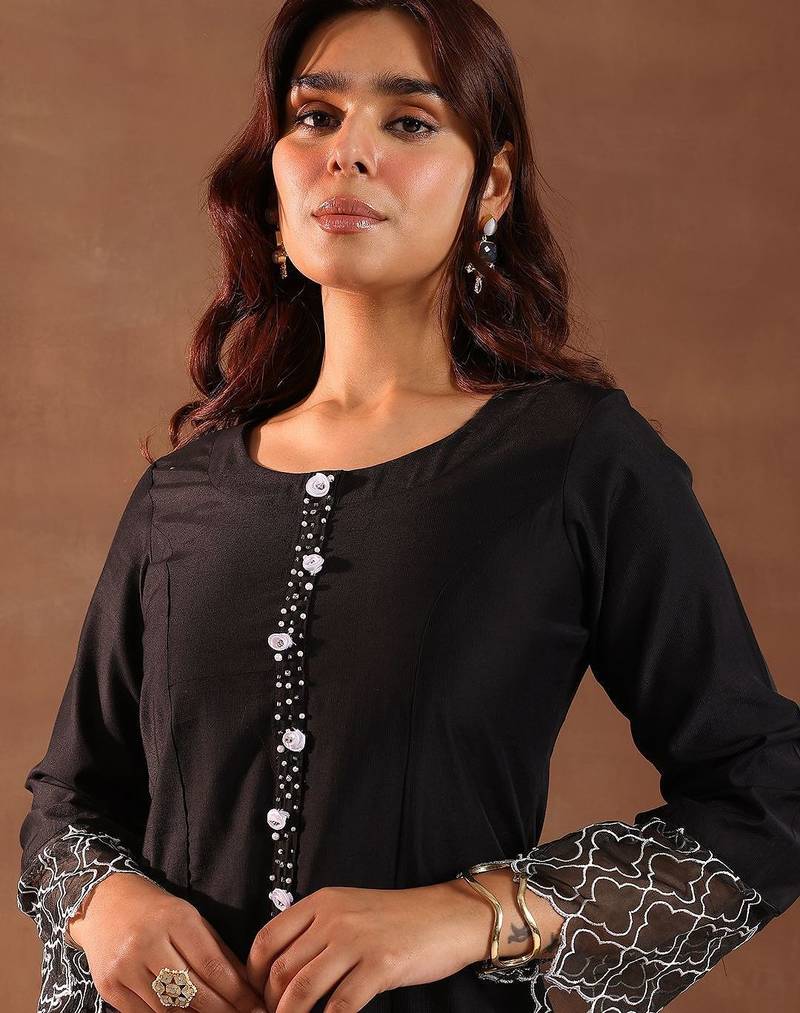 round neck panelled beads work straight kurta with trousers & dupatta